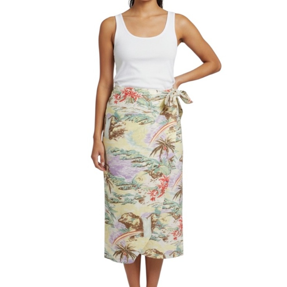 VTG GUESS Georges Marciano RAYON TWILL WRAP SKIRT Yellow Hawaiian Resort-Wear M